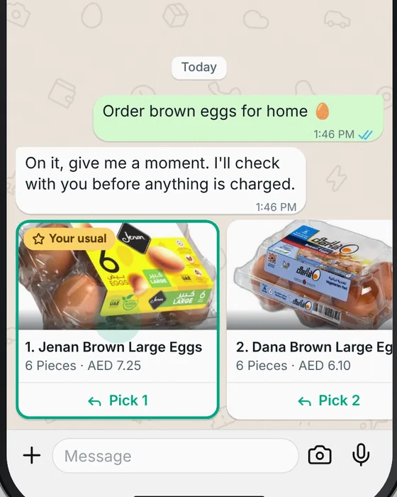 Khalas finding brown eggs on noon Minutes in a WhatsApp chat