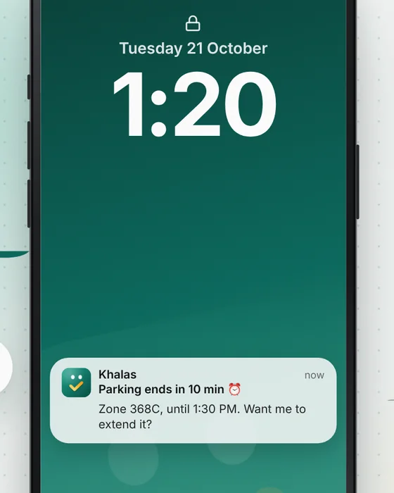 A lock screen notification that parking ends in 10 minutes
